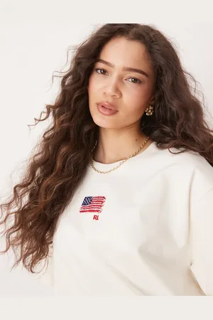 Ralph Lauren – Kastiges T-Shirt in Wollweiß mit Flaggenmotiv