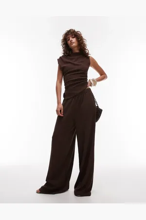 Topshop – Texturierte Hose in Schokobraun mit weitem Bein, Kombiteil