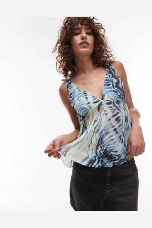 Topshop – Gemustertes Netzstoff-Oberteil in mit V-Ausschnitt und Knitterstruktur