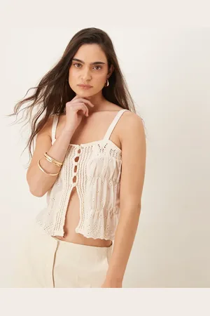 MANGO – Camisole-Oberteil aus Häkelstrick in Hellbeige mit Bindedetail vorne