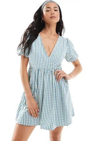 Daisy Street – kariertes Minikleid mit Puffärmeln und Bindegürtel