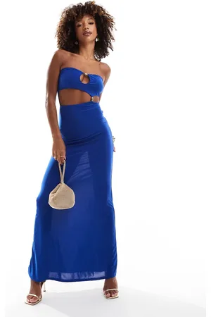 ASOS – Trägerloses Maxikleid in Kobaltblau mit goldenem Perlenbesatz