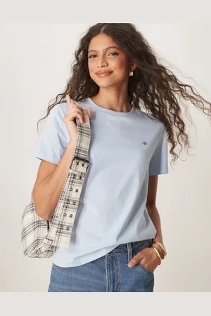 GANT – T-Shirt in Hellblau mit normalem Schnitt und Wappen-Logo