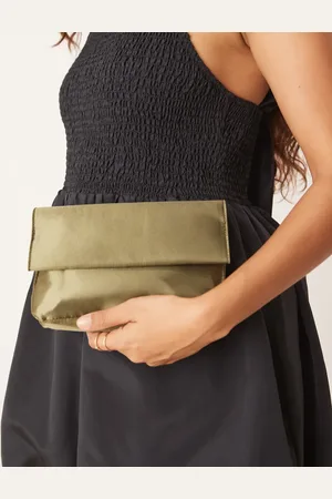 My Accessories – Clutch aus Satin in Olivgrün mit gerolltem Verschluss oben