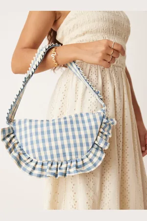 My Accessories – Schultertasche mit blauem Vichykaromuster und Rüschen