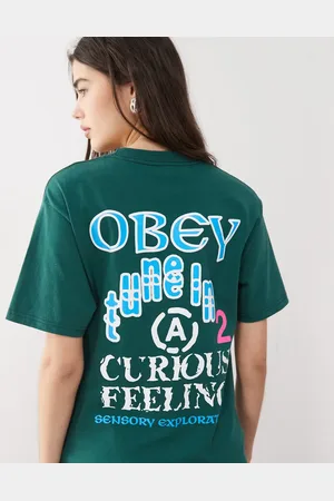 Obey – Sensory – T-Shirt in Dunkelgrün mit Logo- und Grafikprint am Rücken