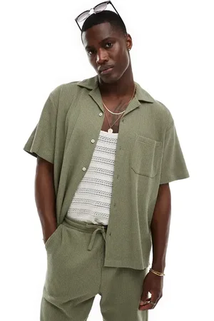SELECTED – Kastiges Hemd in Khaki mit Reverskragen und Waffelstruktur, Kombiteil