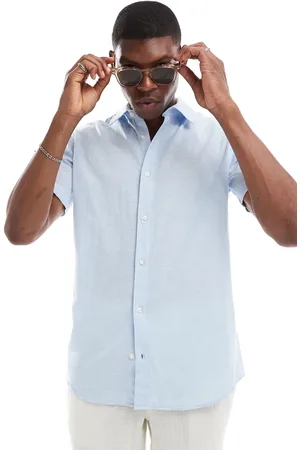 JACK & JONES – Kurzärmliges Hemd aus Leinen in Hellblau