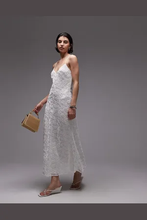 MANGO – Maxi-Trägerkleid aus Ausbrennersamt in Elfenbeinweiß
