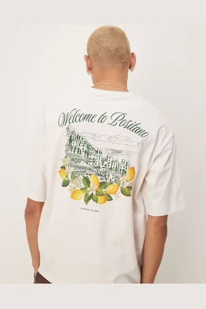SELECTED – Schweres Oversize-T-Shirt in Creme mit Positano-Print und Zitronenmotiven