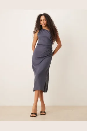 MANGO – Kleid aus Leinenmix in Staubblau mit One-Shoulder-Träger und seitlicher Raffung