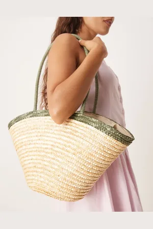 My Accessories – Mittelgroße Stroh-Tragetasche in Beige mit grünen Kontrast-Henkeln