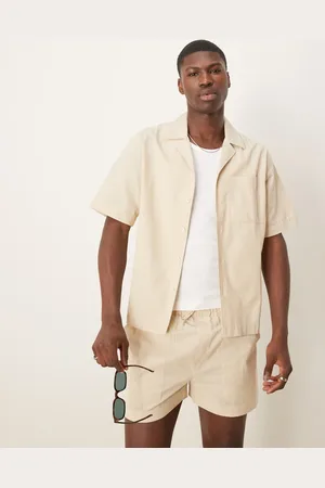 Free Society – Kurzärmliges Strandhemd aus Leinenmix in Beige, Kombiteil