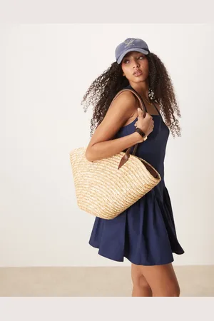 My Accessories – Große Stroh-Tragetasche in Beige mit Kontrastriemen