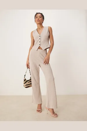 VILA – Hose aus strukturiertem Jersey in hellem Naturbeige meliert mit weitem Bein, Kombiteil