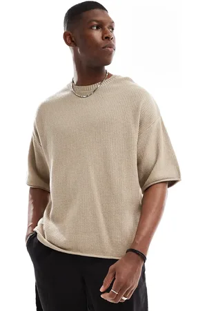Pull&Bear – Locker sitzendes Strick-T-Shirt in Sand