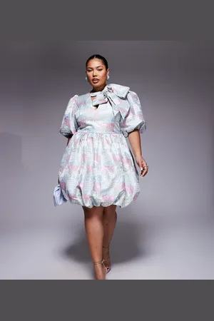 ASOS Curve – Minikleid aus Jacquard mit buntem Print in Patchwork-Optik und Puffärmeln