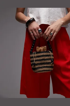 Topshop – Gevvie – Tragetasche aus Stroh mit perlenbesetztem Griff und schwarzen Streifen