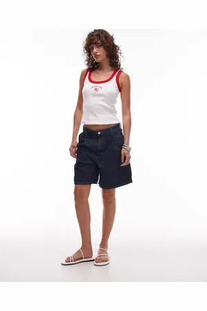 MANGO – Longline-Jeansshorts in Dunkelblau mit geradem Bein