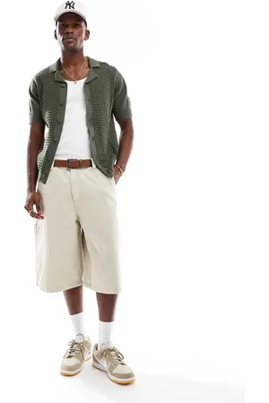 Bershka – Weite Worker-Jeans-Shorts in Ecru