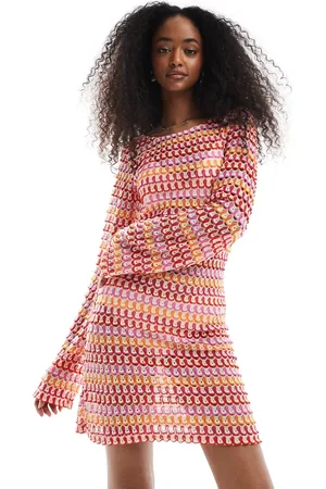 Pieces® – Langärmliges Minikleid aus Häkelware in und Orange gestreift