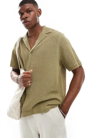 ASOS – Locker geschnittenes Hemd in Khaki mit strukturiertem Flechtmuster und langem Reverskragen