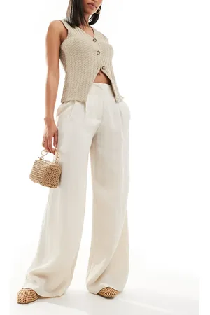 Pull&Bear – Leichte, rustikale, elegante Hose in Ecru mit weitem Bein