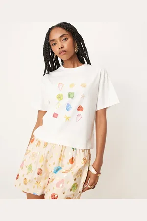 Never Fully Dressed – T-Shirt in Creme mit buntem Muschelmuster, Kombiteil