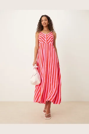 Y.A.S – Camisole-Maxikleid in Rosa und Rot gestreift mit Knopfleiste vorne