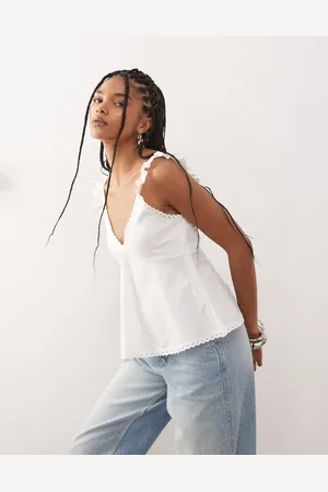 Reclaimed – Babydoll-Camisole aus Popeline in Cremeweiß mit Lochstickerei und Spitzenbesatz
