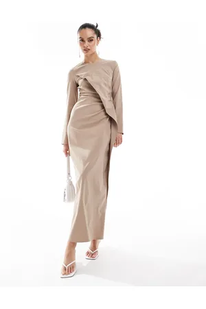 ASOS – Bengaline-Maxikleid in Pilzbraun mit geraffter Taille