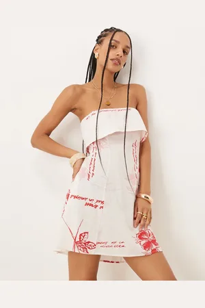 ASOS – Trägerloses Minikleid in Rot mit Blumenmuster und umgeschlagenem Ausschnitt