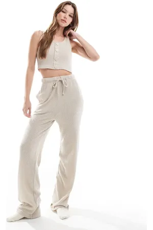Brave Soul – Weiches Lounge-Set in Beige mit Waffelstruktur, aus Cropped-Trägertop und Hose