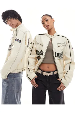 Reclaimed – Figurbetonte Unisex-Motorsportjacke in gebrochenem mit Logo-Aufnäher und Stickerei
