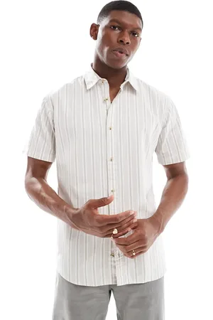 JACK & JONES – Kurzärmliges Oxford-Hemd in Beige mit Streifen