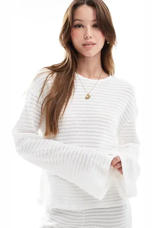 Pieces® – Mix and Match – Self – Strick-Oberteil in Wollweiß mit Streifen und weiten Ärmeln
