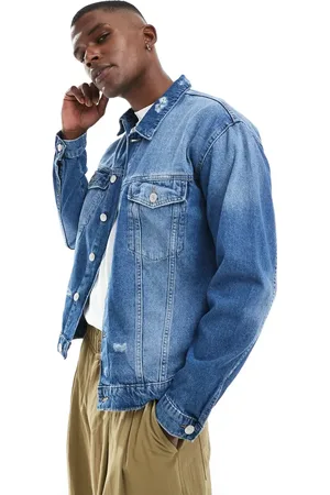 Only & Sons – Jeansjacke in mittelblauer Waschung mit abgenutzter Optik