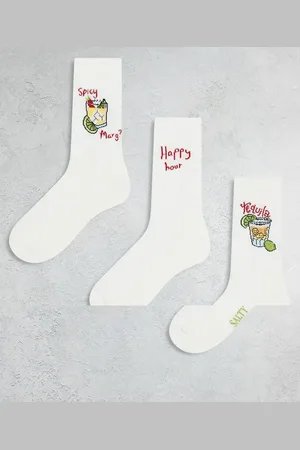 ASOS – 3er-Pack Socken in Ecru mit Cocktail-Stickerei