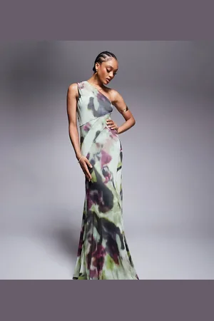 ASOS ASOS DESIGN Tall – Maxikleid aus Netzstoff mit One-Shoulder-Träger, sichtbaren Nähten, weitem Rocksaum und abstraktem Batikmuster
