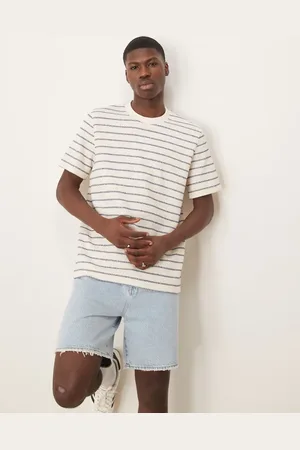 SELECTED – Gestricktes T-Shirt in Cremeweiß mit blauen Streifen