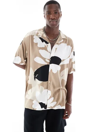 JACK & JONES – Hemd in Beige mit Reverskragen und abstraktem Blumenmuster