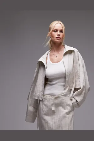 MANGO – Capsule – Jacke aus zerknittertem Ramie in Elfenbeinweiß mit Reißverschluss, Kombiteil