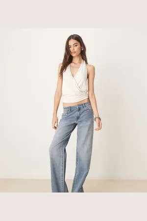 JDY – Jeans in hellblauer Waschung mit weitem Bein und Nietendetails