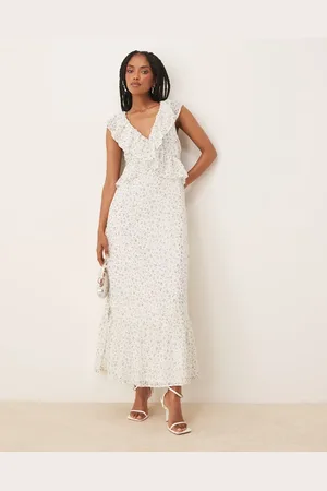 VILA – Maxikleid in Blau mit Blümchenmuster und Rüschendetail