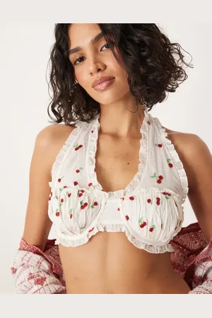 For Love & Lemons – Perlenbesetztes Bustier in Weiß mit rotem Kirschen-Motiv, Kombiteil