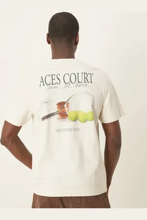 Abercrombie & Fitch – Klassisches T-Shirt in Beige mit Tennisprint am Rücken