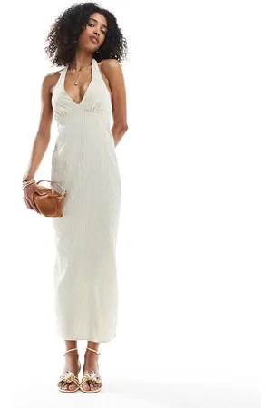 Bershka – Neckholder-Maxikleid aus Leinen in Ecru gestreift