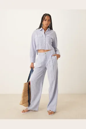 MANGO – Leinenmix-Hose in gestreiftem Hellblau mit elastischem Bund, Kombiteil
