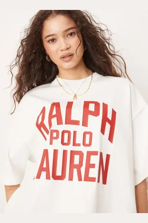 Ralph Lauren – Kastiges T-Shirt in Wollweiß mit Logo in Rot