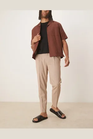 ASOS – Elegante, schmal zulaufende Hose in Steinbeige meliert mit Bundfalten